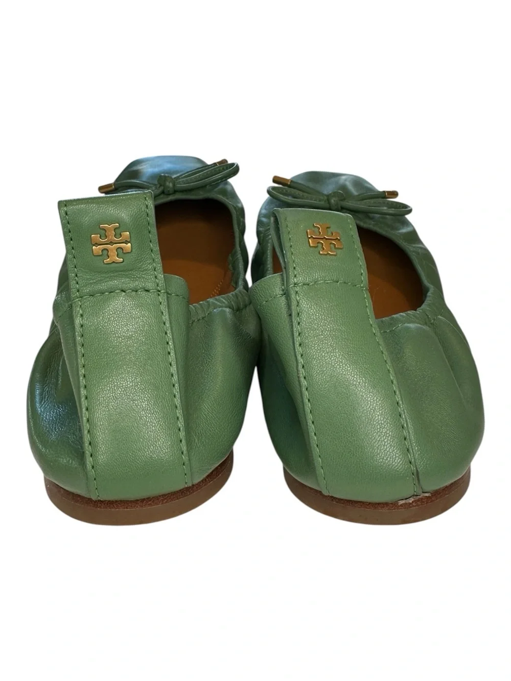Tory Burch Ballet Flats Dress Shoes Leather Square Toe Bow Green Women’s Size 10